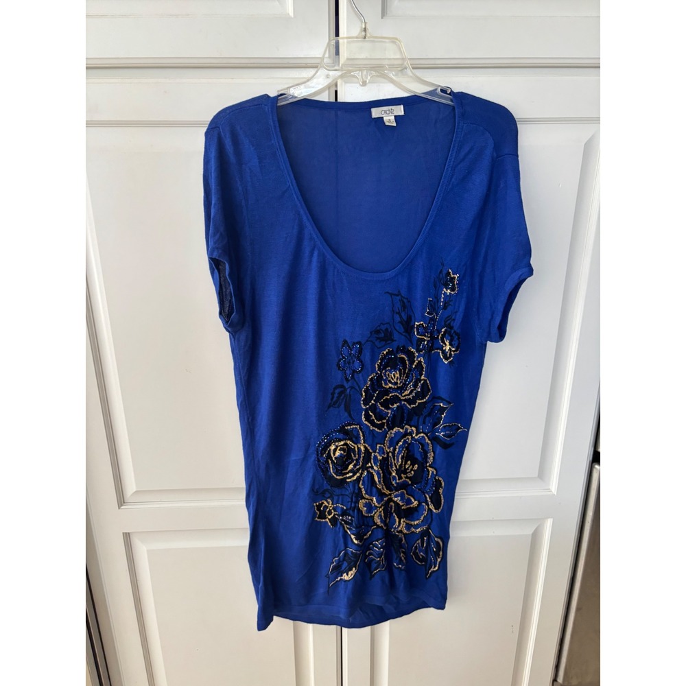 Cache Royal Blue‎ Beaded Floral Graphic Knit Top Gold Sequin Scoop Neck Small